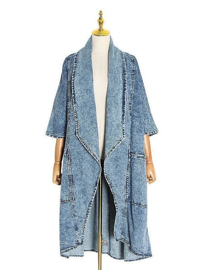 Cardigan denim trench coat for women's fashion lapel bat sleeve loose jacket for women's fashion