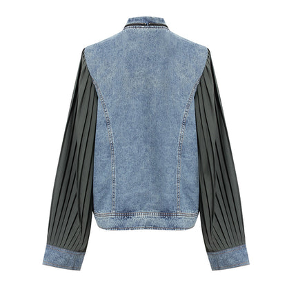 High quality spliced pleated sleeve denim top with temperament