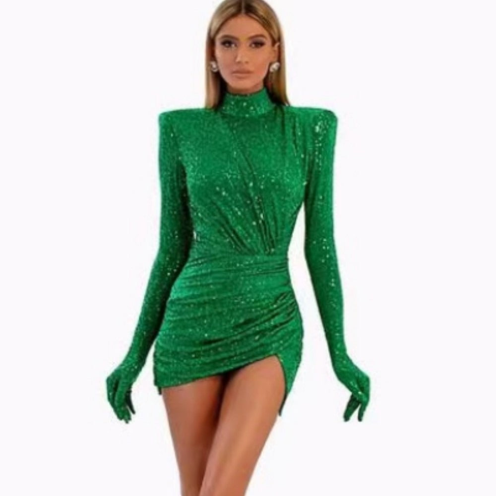 Green sequin velvet sleeves small high necked dress fashionable party performance dress