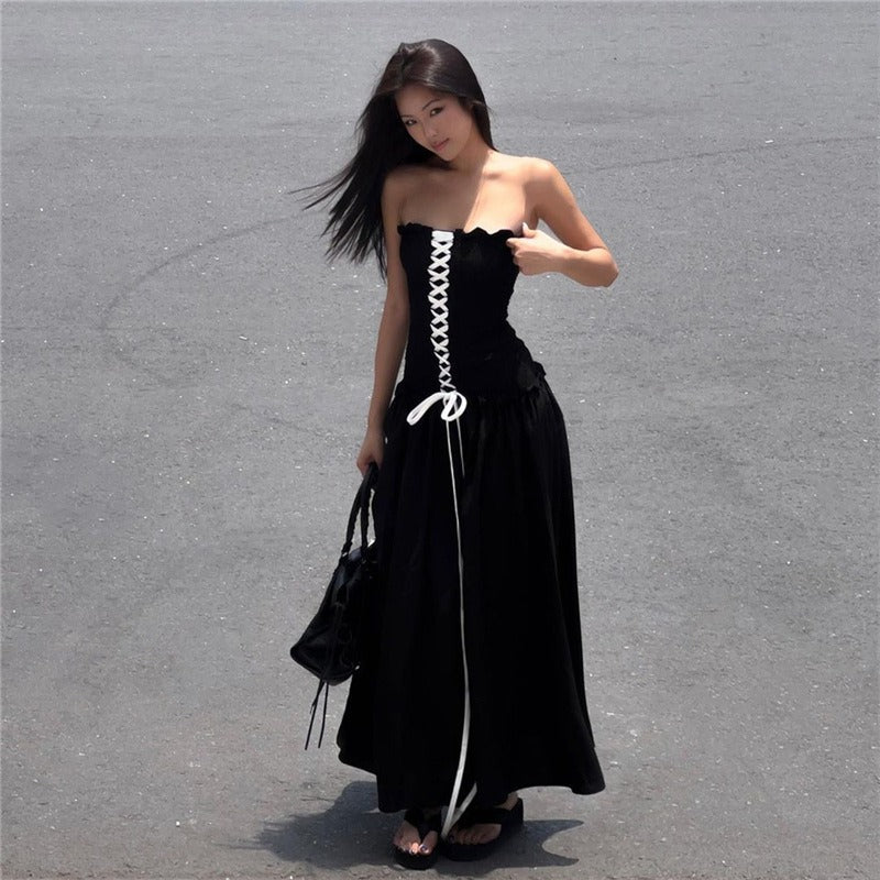 Women's sexy solid color fashion tie long dress for women