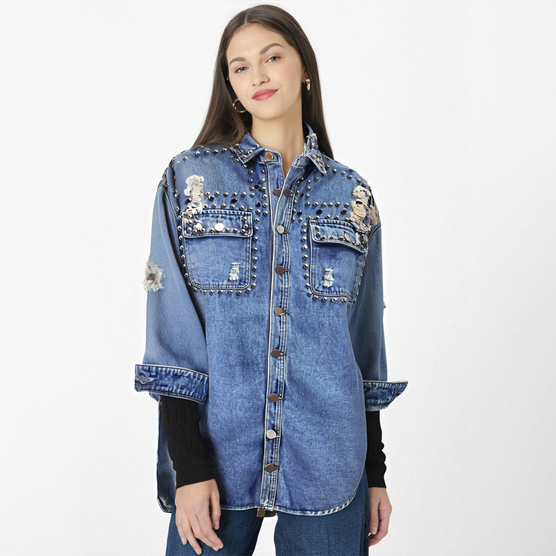 Casual shirt women's design sense waist cinching shirt ripped denim jacket trendy