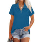 Women's top lapel loose solid color threaded short sleeved zippered t-shirt for women