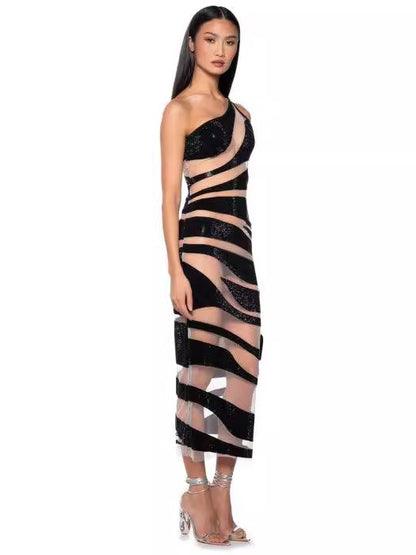 Single Shoulder Mesh Silver Stripe Sexy Tight Bandage Long Party Dress