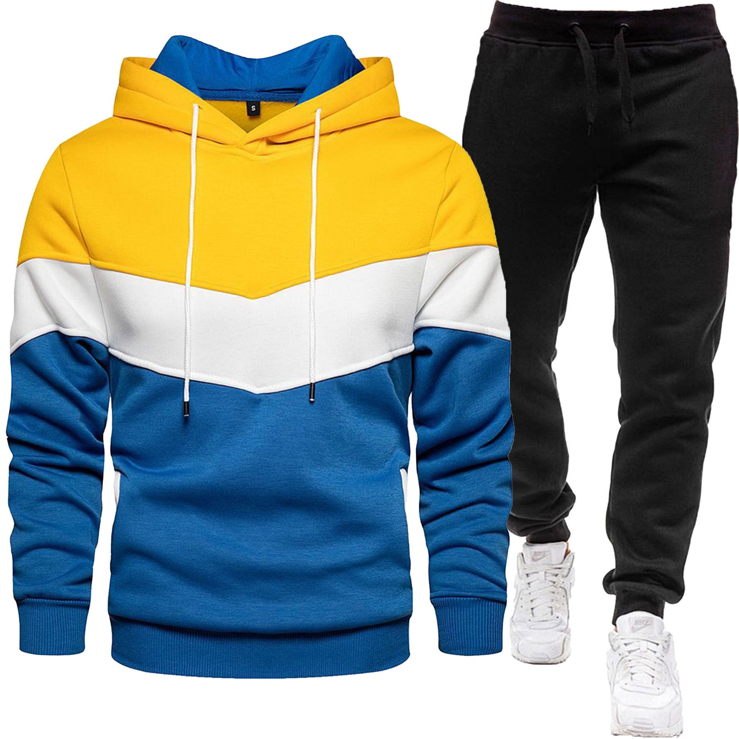 Dreifarbiger Hoodie-Sportanzug für Herren, modisch und lässig, Frühlings- und Herbstspleiß-Kapuzenoberteil, lange Hosen, zweiteiliges Set