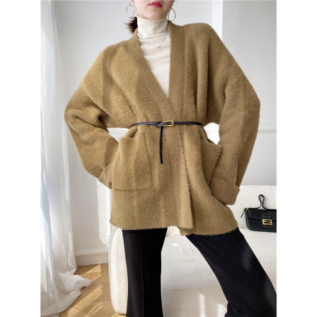 Heavy cargo temperament imitates mink fur sweater jacket women's loose and lazy thick knitted cardigan without shedding hair