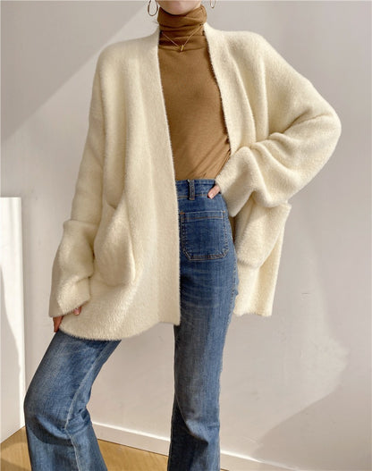 Heavy cargo temperament imitates mink fur sweater jacket women's loose and lazy thick knitted cardigan without shedding hair