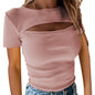 Sexy chest hollow short sleeved ribbed top for women's fashion sexy T-shirt