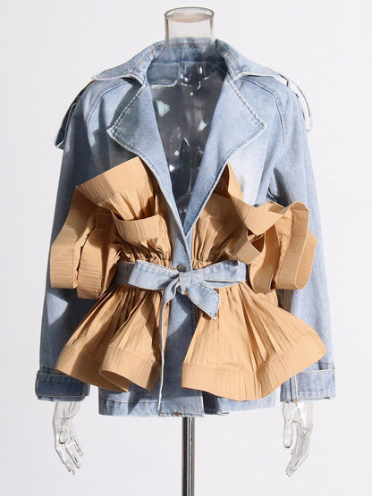 Commuting design with contrasting color patchwork and ruffled edge denim jacket for women