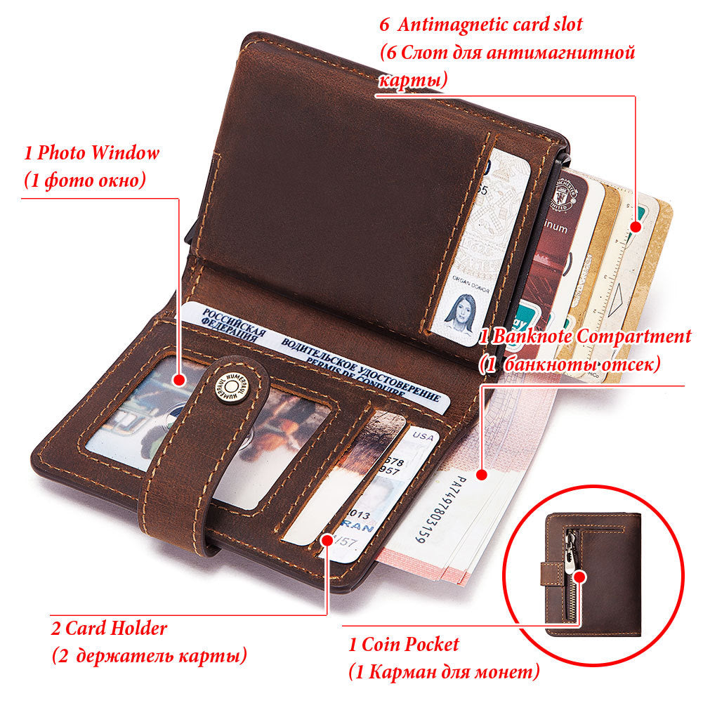 Crazy Horse Leather Men's Coin Purse RFID Anti-magnetic Short Wallet European and American Retro Zipper Leather Card Holder for Men