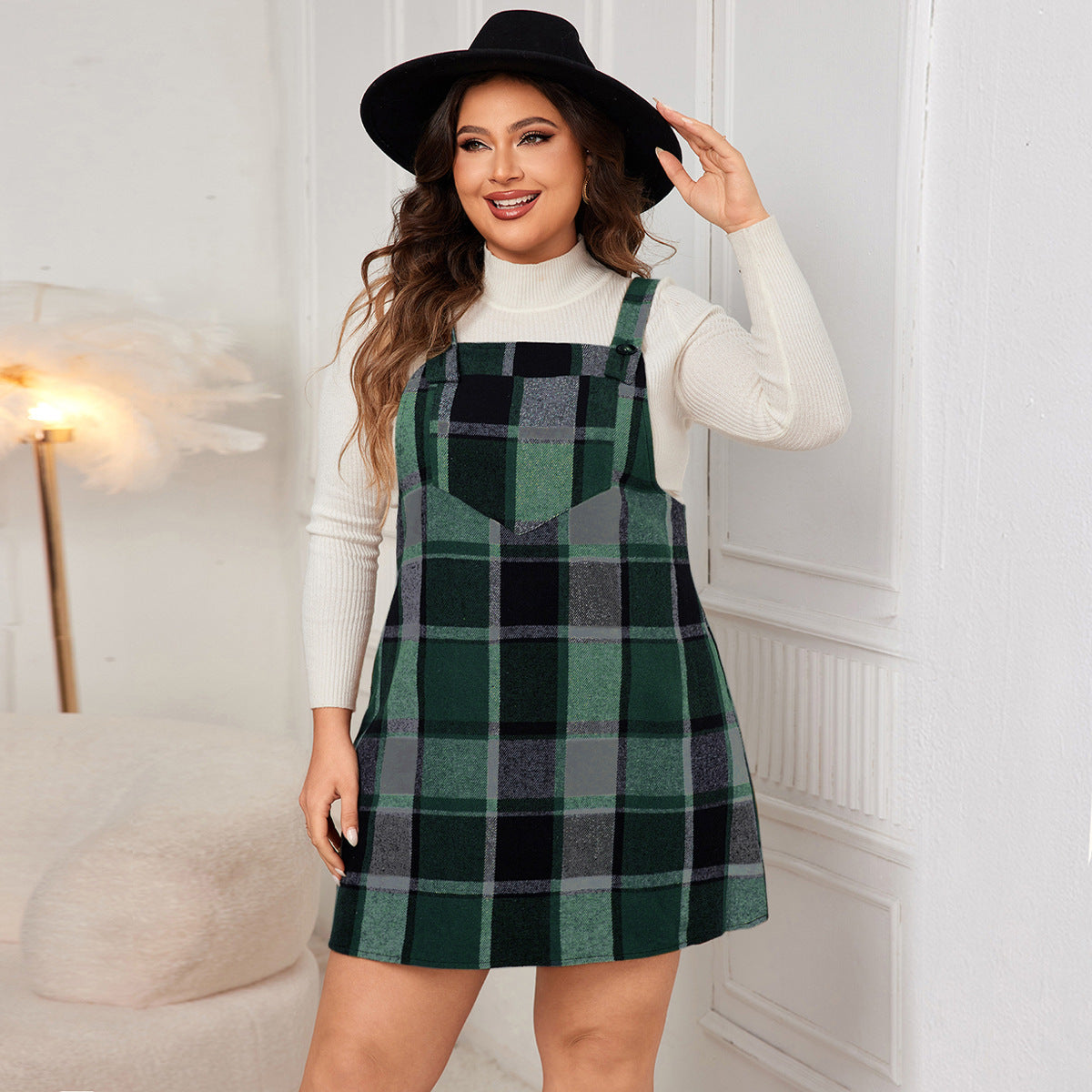 Oversized Fall Dresses For Women V Neck Plaid Sleeveless Wide Straps Casual Pockets Pinafore Mini Overall Bridesmaid Dresses