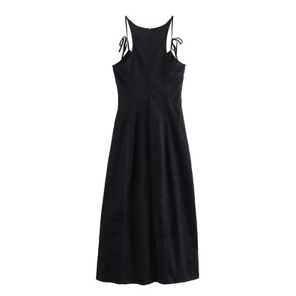 Sexy low neck sleeveless waist cinched solid color suspender dress for women