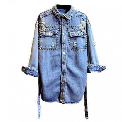 Casual shirt women's design sense waist cinching shirt ripped denim jacket trendy