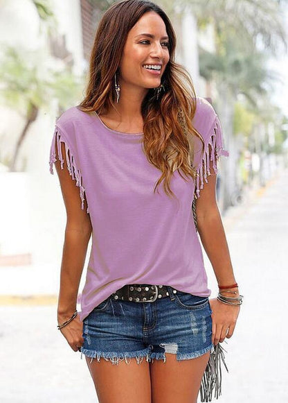 Round neck short sleeved tassel tie t-shirt top