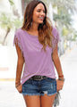 Round neck short sleeved tassel tie t-shirt top