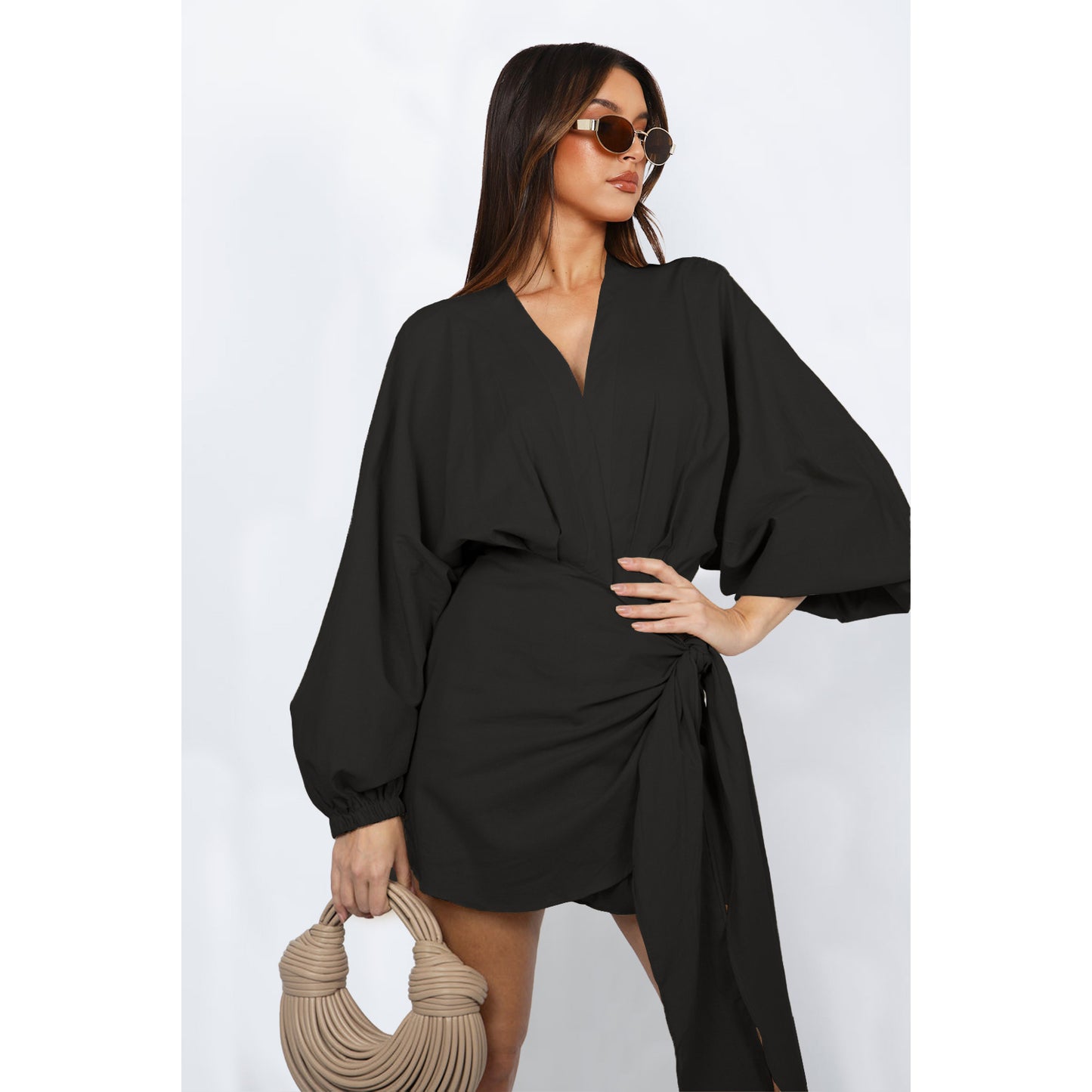 European and American women's fashion linen V-neck strap mid length long sleeved dress