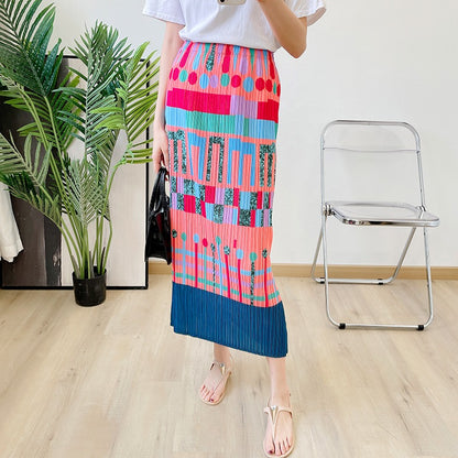 Pleated printed high waisted pleated mid length split skirt for girls letter printed straight tube skirt