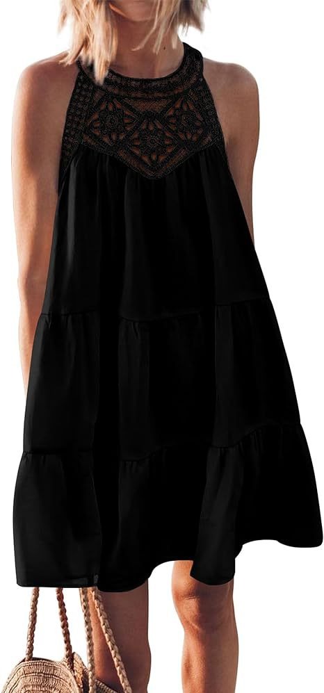 Hollow out backless dress, casual sleeveless A-line layered swinging vest skirt