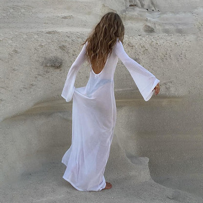 Beach Sexy Open Back Long Sleeve Perspective Mesh Long Dress