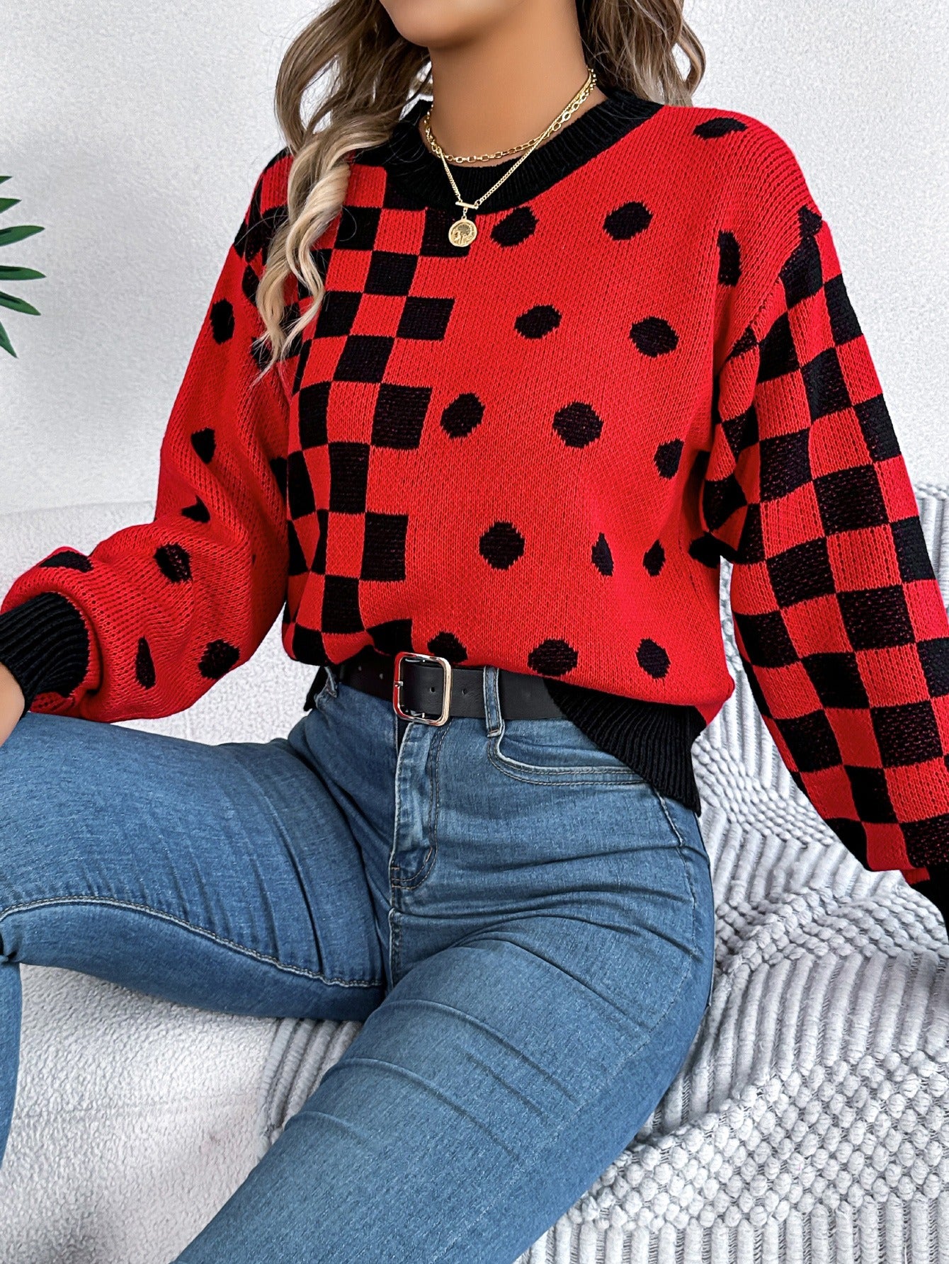 Casual contrasting polka dot checkered lantern sleeve sweater