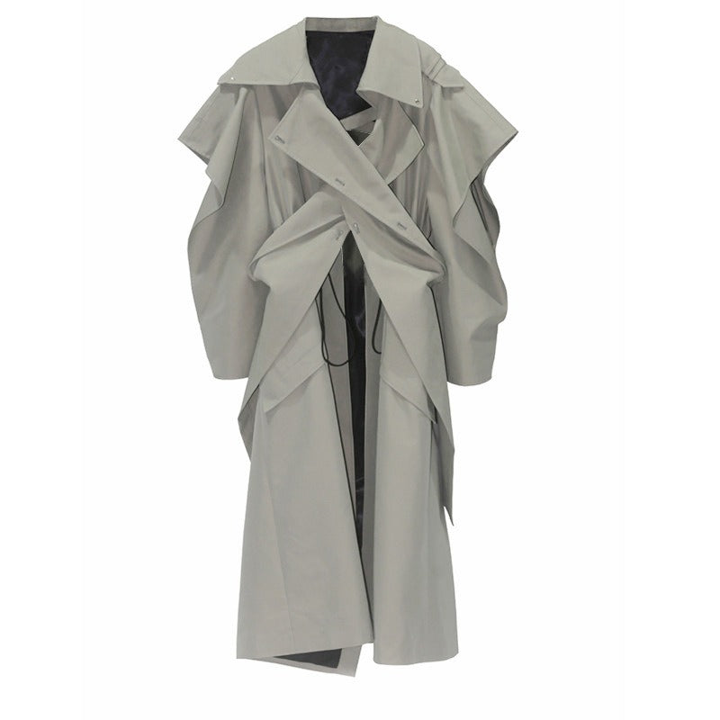 Silhouette grey green trench coat with women's drawstring design loose and versatile drawstring waist cinched long jacket