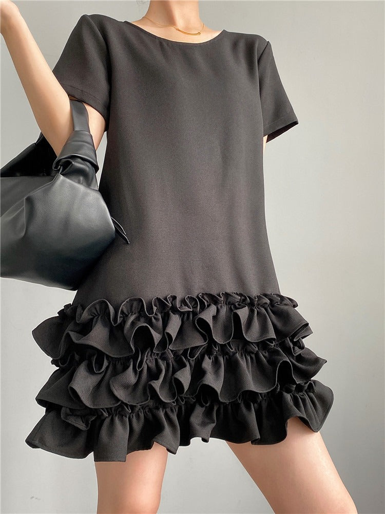 Design sense niche A-line black dress female Hepburn style small black dress ruffle edge skirt cake skirt