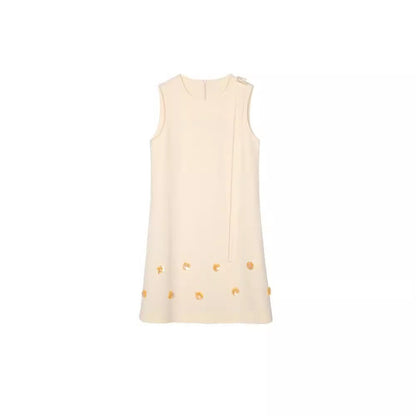 Summer French style small fragrance A-line skirt floral heavy industry nail bead round neck ribbon dress sleeveless