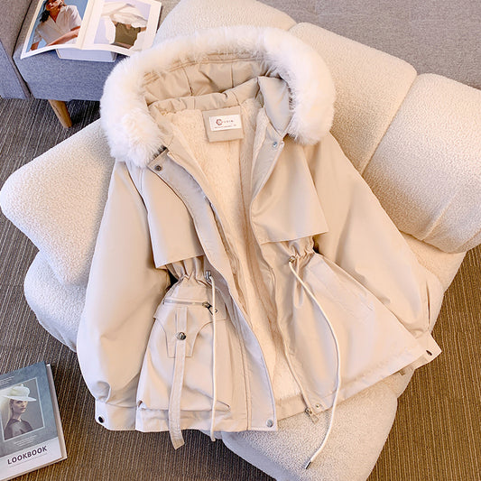 Thin down cotton jacket with fashionable and thick fur and fur integrated jacket