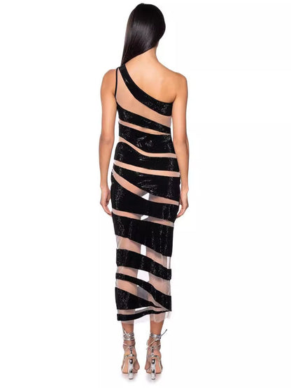 Single Shoulder Mesh Silver Stripe Sexy Tight Bandage Long Party Dress