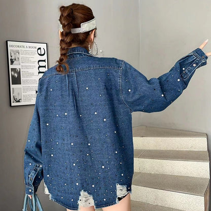 Heavy industry hot diamond denim jacket, women's washed retro loose top