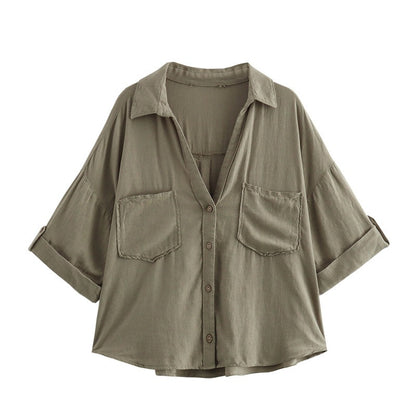 Linen blend pocket decoration single breasted short shirt