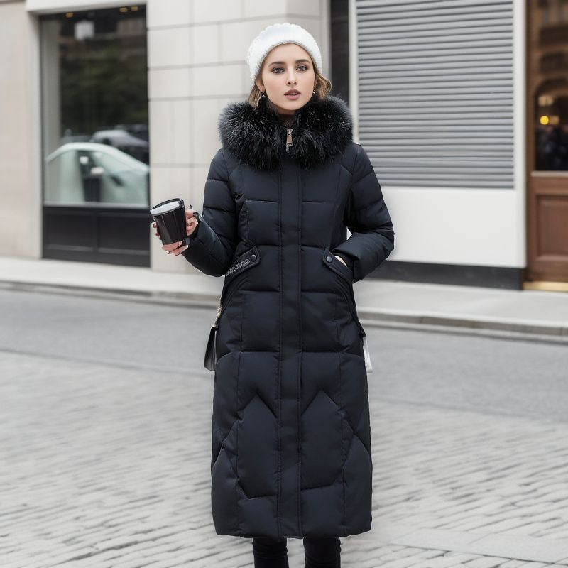 Cotton padded clothes women's middle and long style, slim fit, knee length cotton padded clothes, large wool collar and thick cotton padded jacket