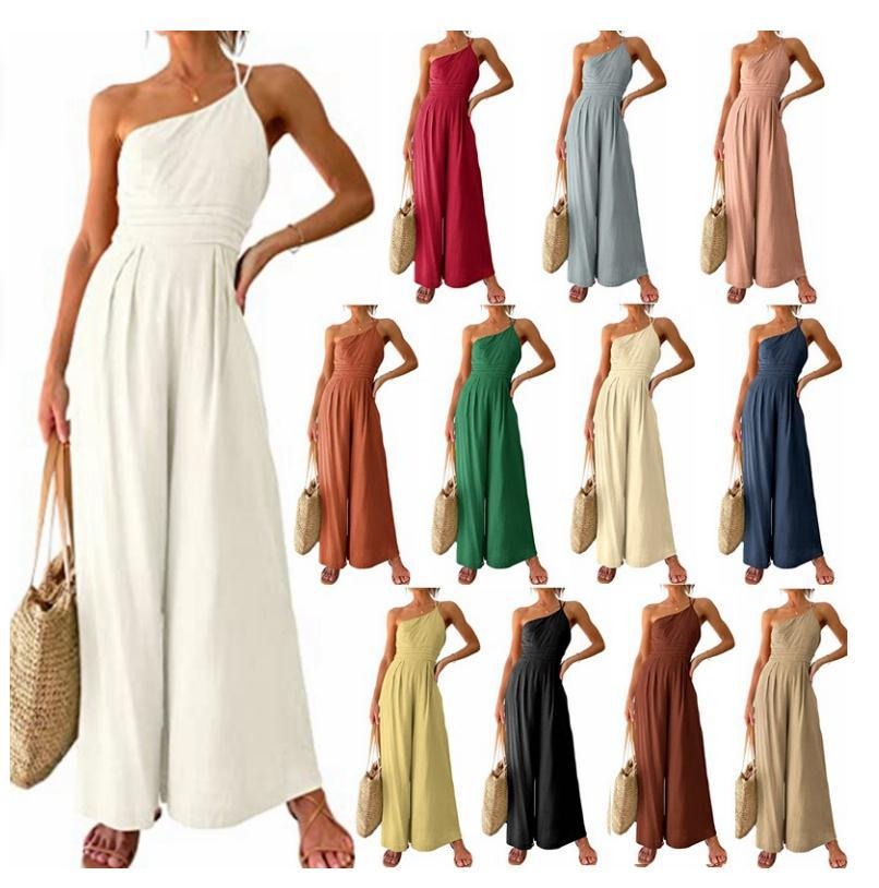 Women's sexy camisole waist wide leg sleeveless cotton linen jumpsuit