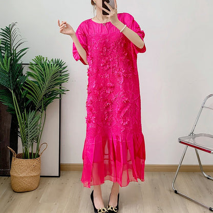 Embroidered embossed pleated dress with round neck loose fitting mid length skirt for women's spring/summer new style