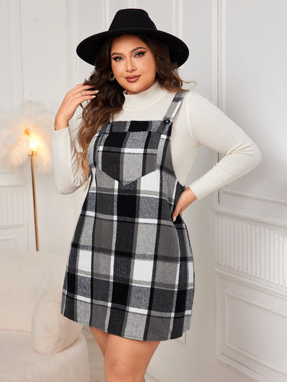 Oversized Fall Dresses For Women V Neck Plaid Sleeveless Wide Straps Casual Pockets Pinafore Mini Overall Bridesmaid Dresses