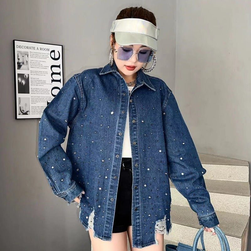 Heavy industry hot diamond denim jacket, women's washed retro loose top