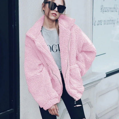 Elegant Bear Teddy Faux Fur Coat Women 2022 Autumn Winter Thick Warm Soft Fleece Jacket Female Pocket Zipper Coat Veste Femme