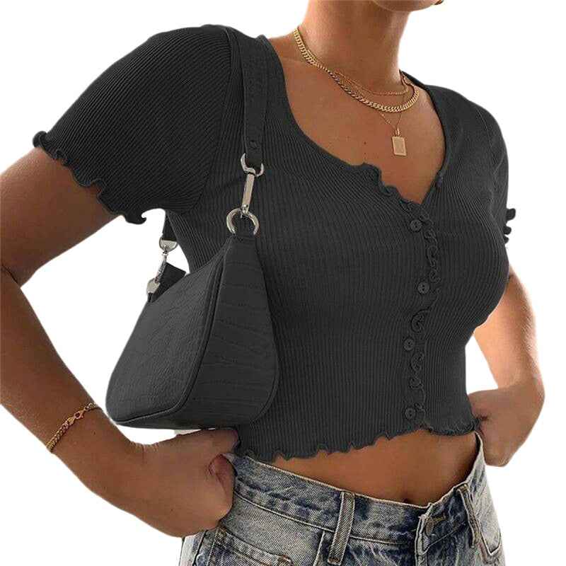 Sexy Women V-neck Short Sleeve Ruffle T-shirt Clubwear Buttons Bodycon Solid T-shirt Crop Tops Summer Outwear tee shirt femme