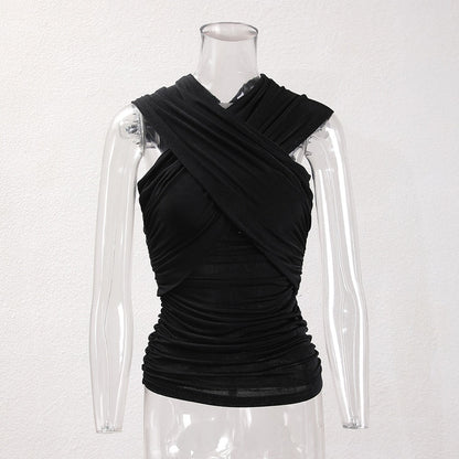 Cross shoulder strap hanging neck pleated black elastic slim fit women's sleeveless vest niche temperament off shoulder