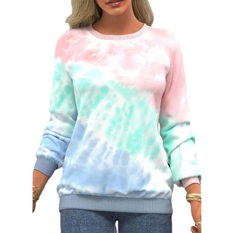 Round neck shoulder long sleeved casual loose tie dyed printed top