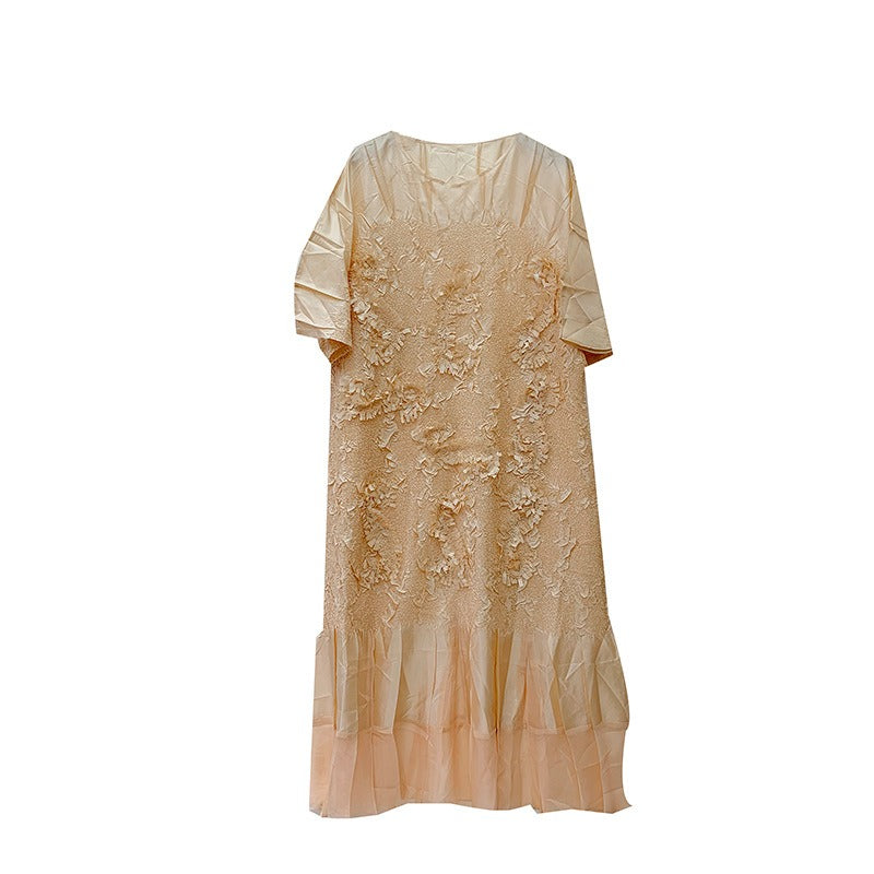 Embroidered embossed pleated dress with round neck loose fitting mid length skirt for women's spring/summer new style