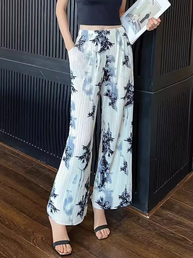 Versatile casual pants women's straight printed long pants high waisted slimming and draped wide leg pants