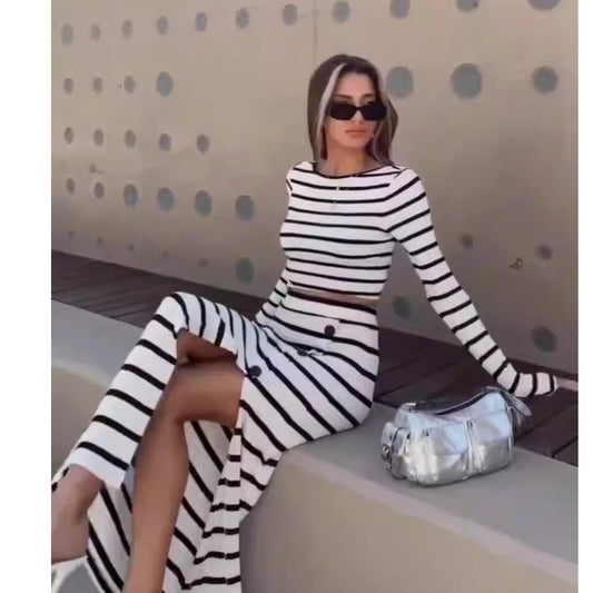 Fashionable classic black and white striped long sleeved short top button up skirt