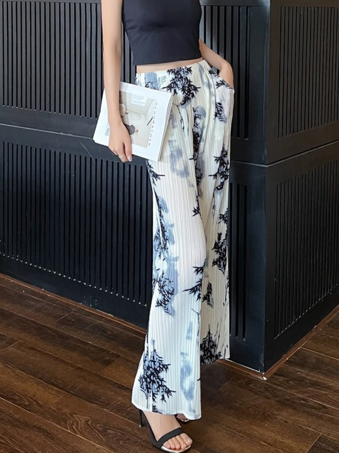 Versatile casual pants women's straight printed long pants high waisted slimming and draped wide leg pants