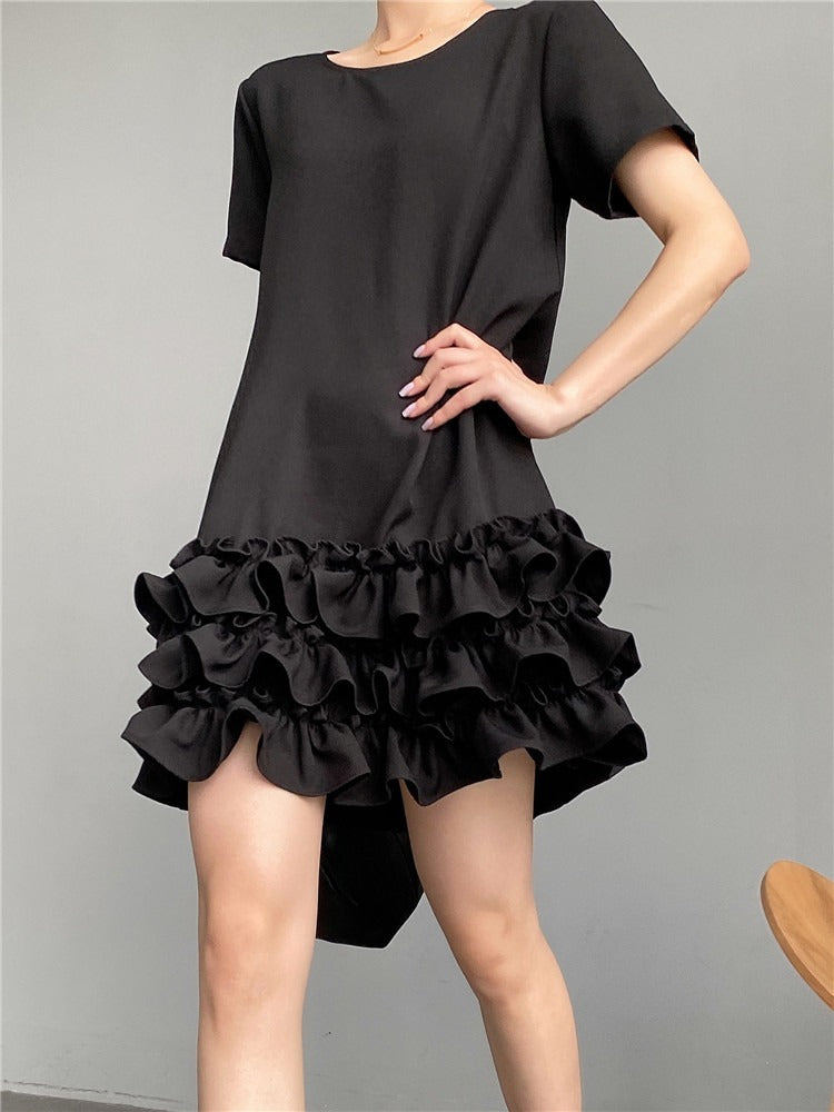 Design sense niche A-line black dress female Hepburn style small black dress ruffle edge skirt cake skirt