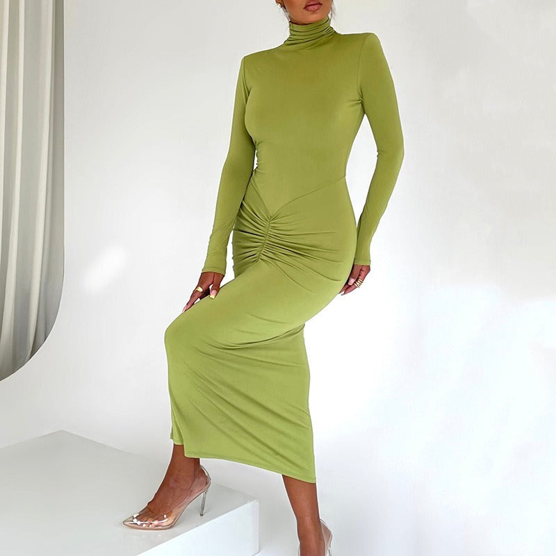 Half high neck long sleeved dress for women's fashion, sexy, spicy girl temperament, tight fitting long skirt