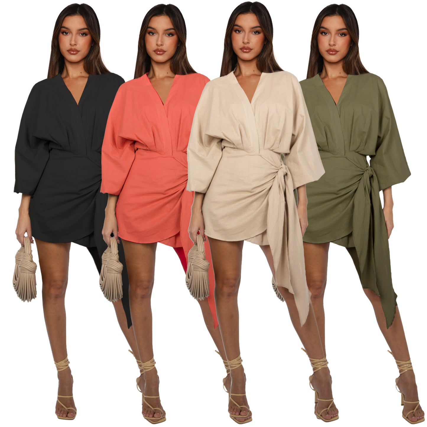 European and American women's fashion linen V-neck strap mid length long sleeved dress