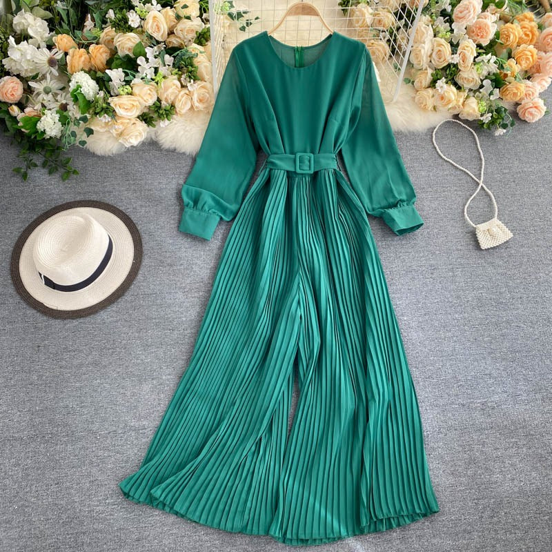 Elegant round neck, long sleeves, waistband, tie up for slimming, pleated wide leg long pants, jumpsuit for women