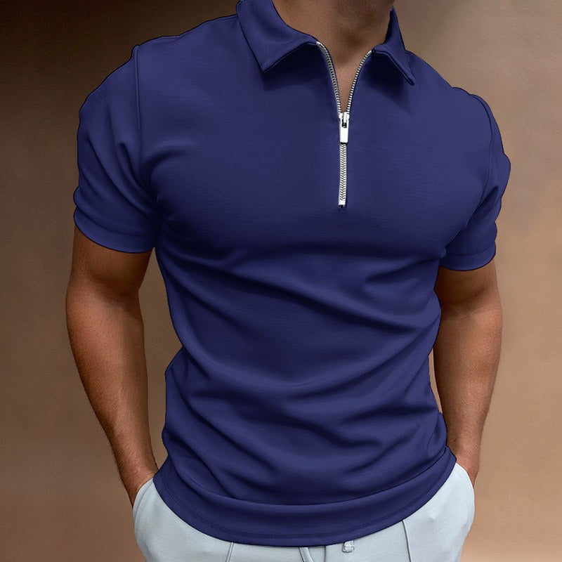 Summer men's thin solid color short sleeved POLO shirt with flip collar zipper slim fit top T-shirt