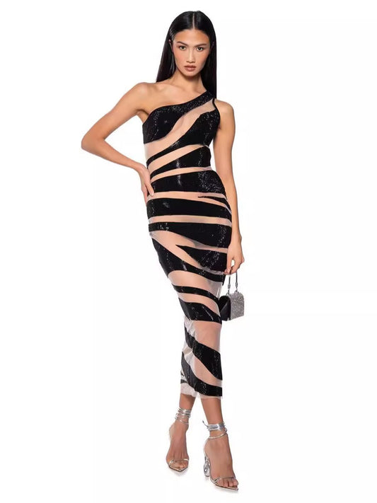 Single Shoulder Mesh Silver Stripe Sexy Tight Bandage Long Party Dress