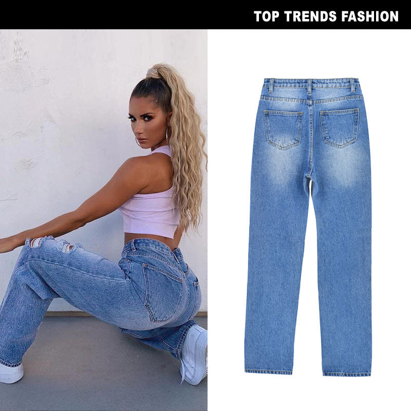 Summer High Waist Straight Loose Daddy Pants Drape Hole Women's Denim Trousers Mopping Pants